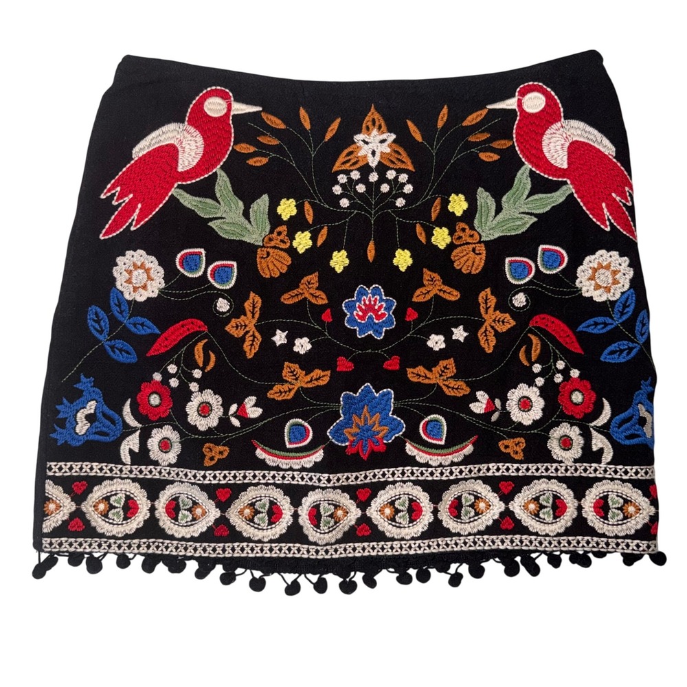 The Impeccable Pig Black Embroidered Bird Floral Pom Pom Mini Skirt Medium
